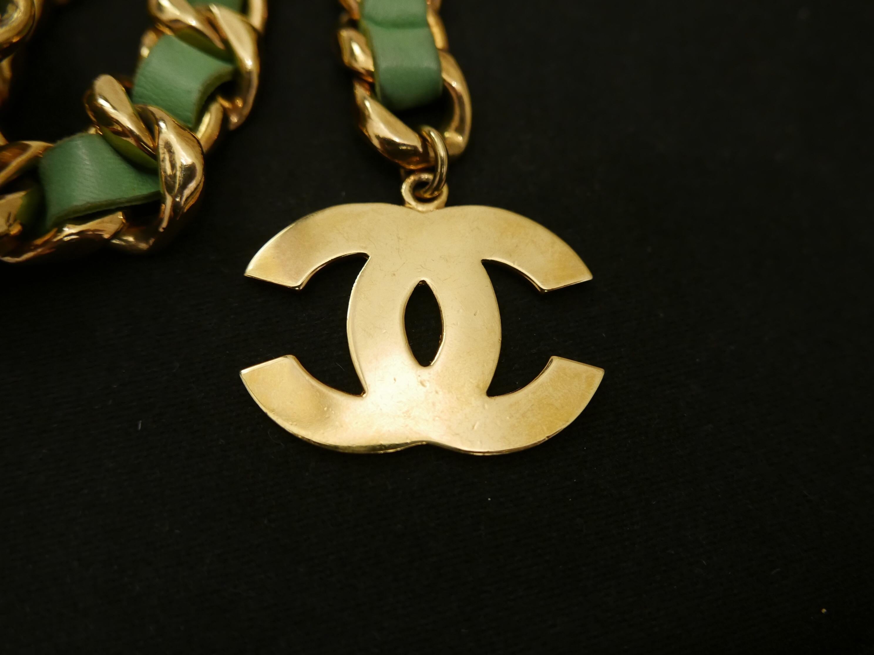 Brown CHANEL Gold Plated Triple Green Leather Chain Belt Necklace