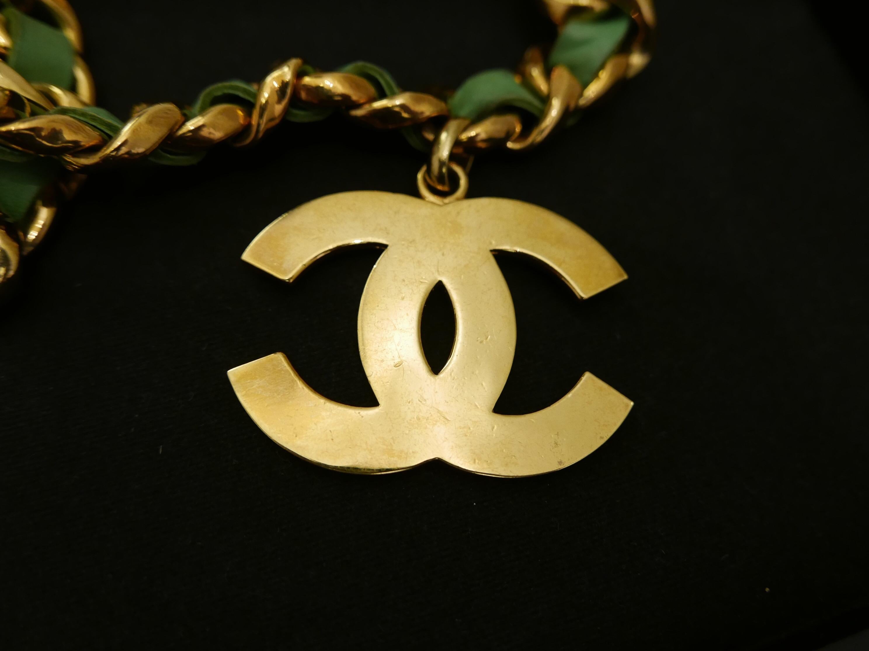 Women's CHANEL Gold Plated Triple Green Leather Chain Belt Necklace