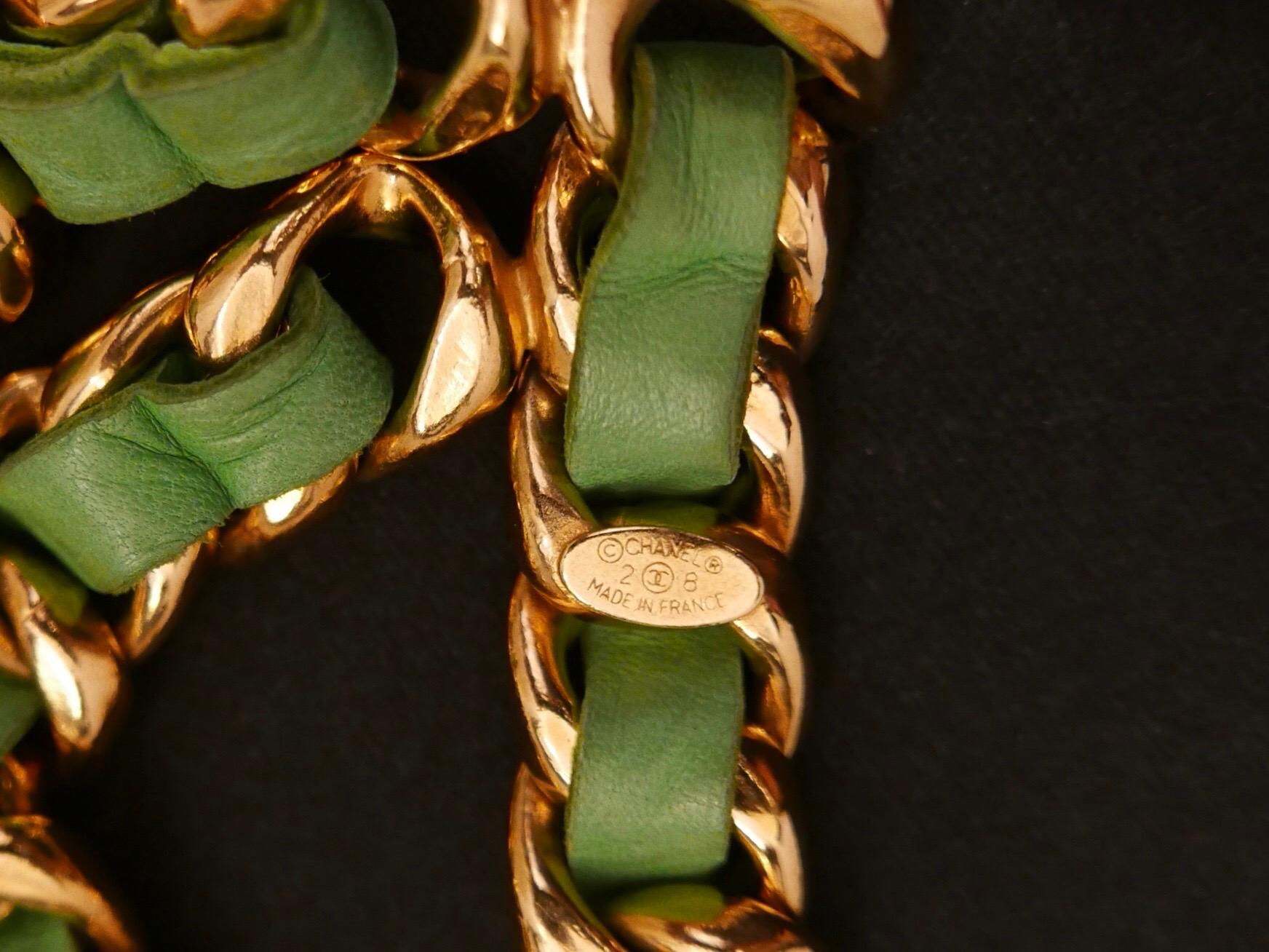 CHANEL Gold Plated Triple Green Leather Chain Belt Necklace 1
