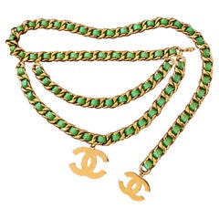 CHANEL Gold Plated Triple Green Leather Chain Belt Necklace