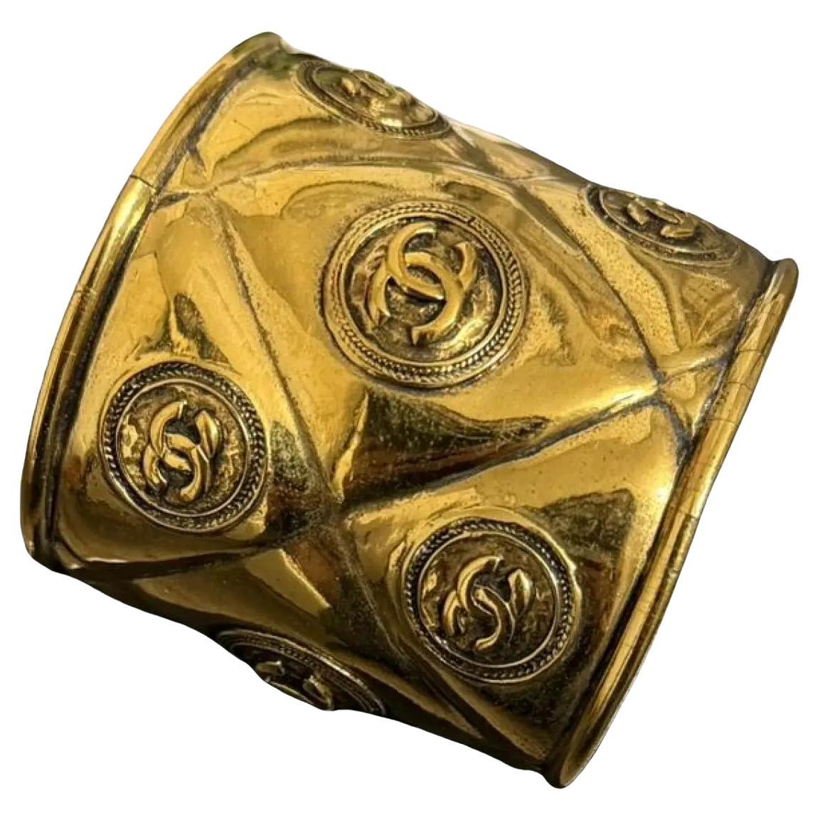 Chanel Gold Plated Vintage Quilted CC Cuff Bracelet