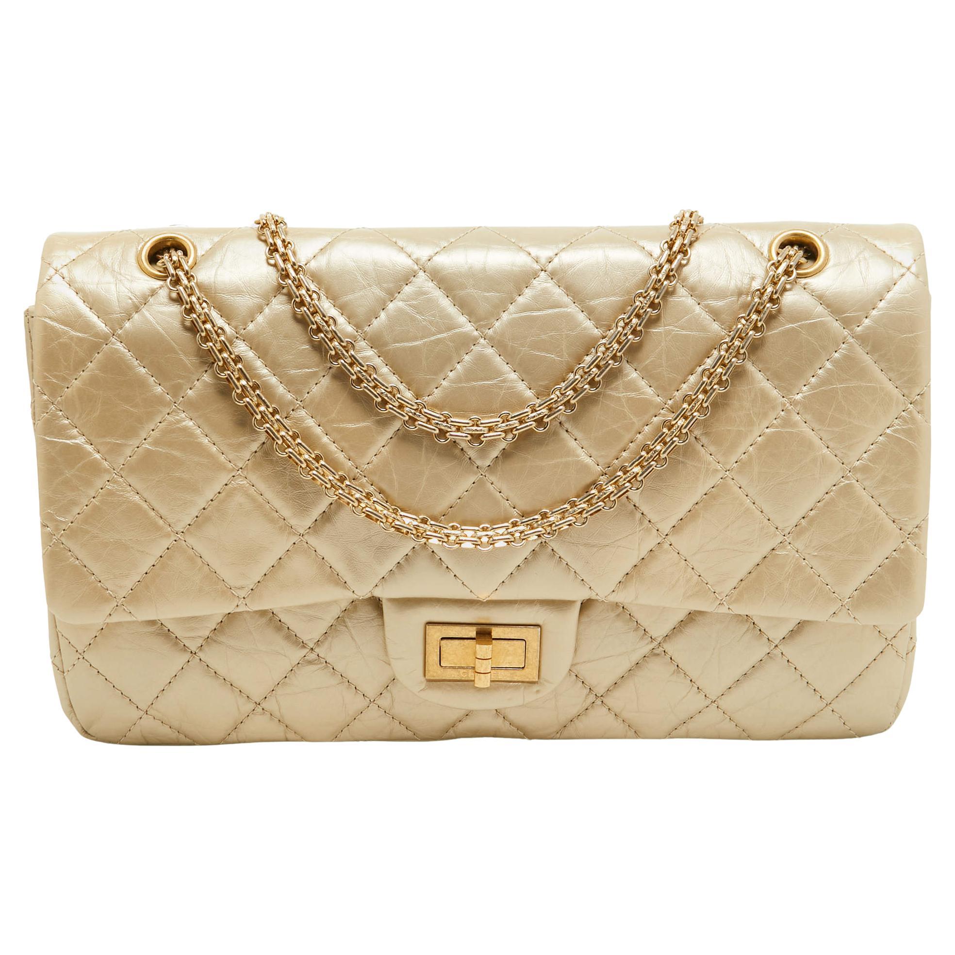 Chanel Gold Quilted Aged Leather 227 Reissue 2.55 Flap Bag For Sale
