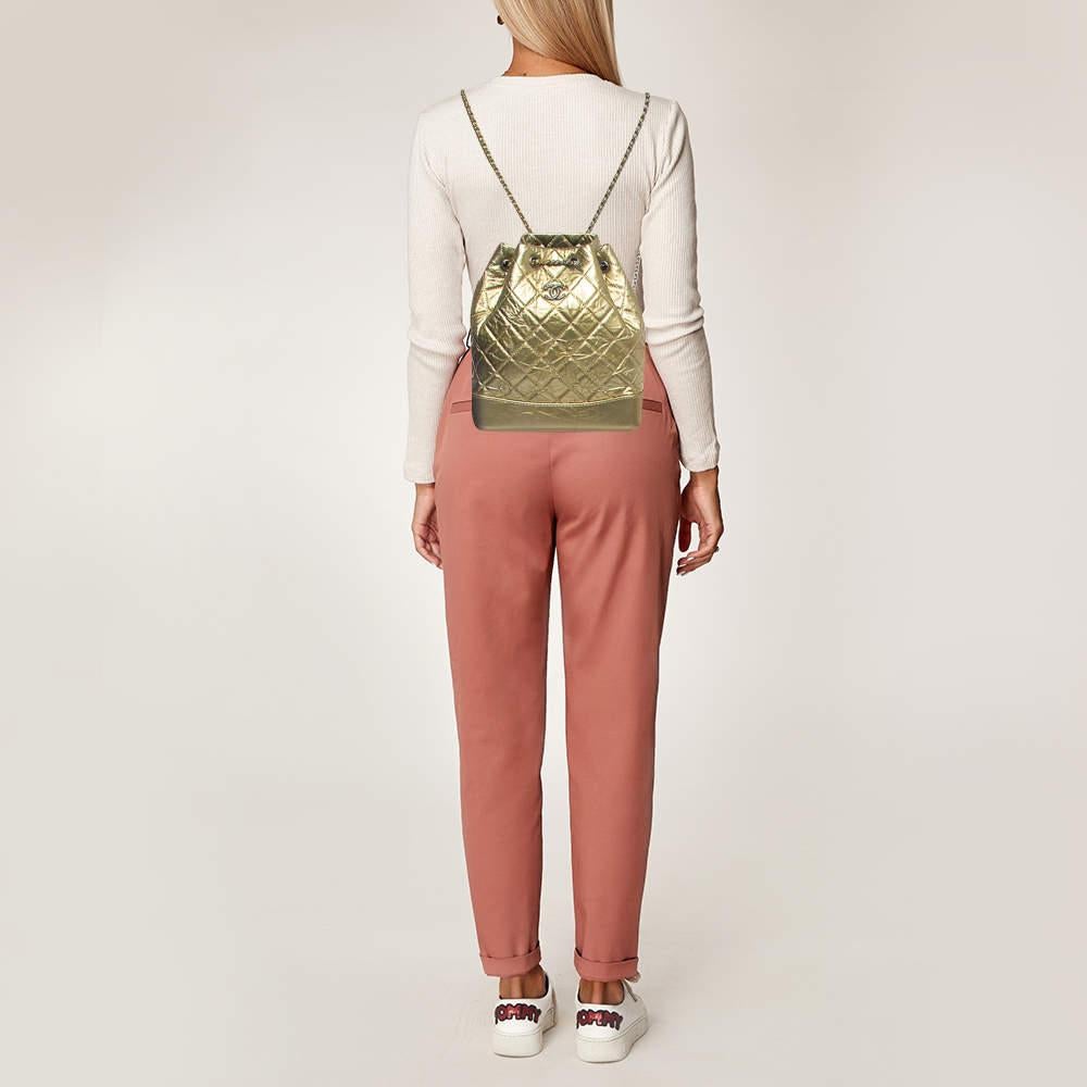 Chanel Gold Quilted Aged Leather Small Gabrielle Backpack In Excellent Condition For Sale In Dubai, Al Qouz 2