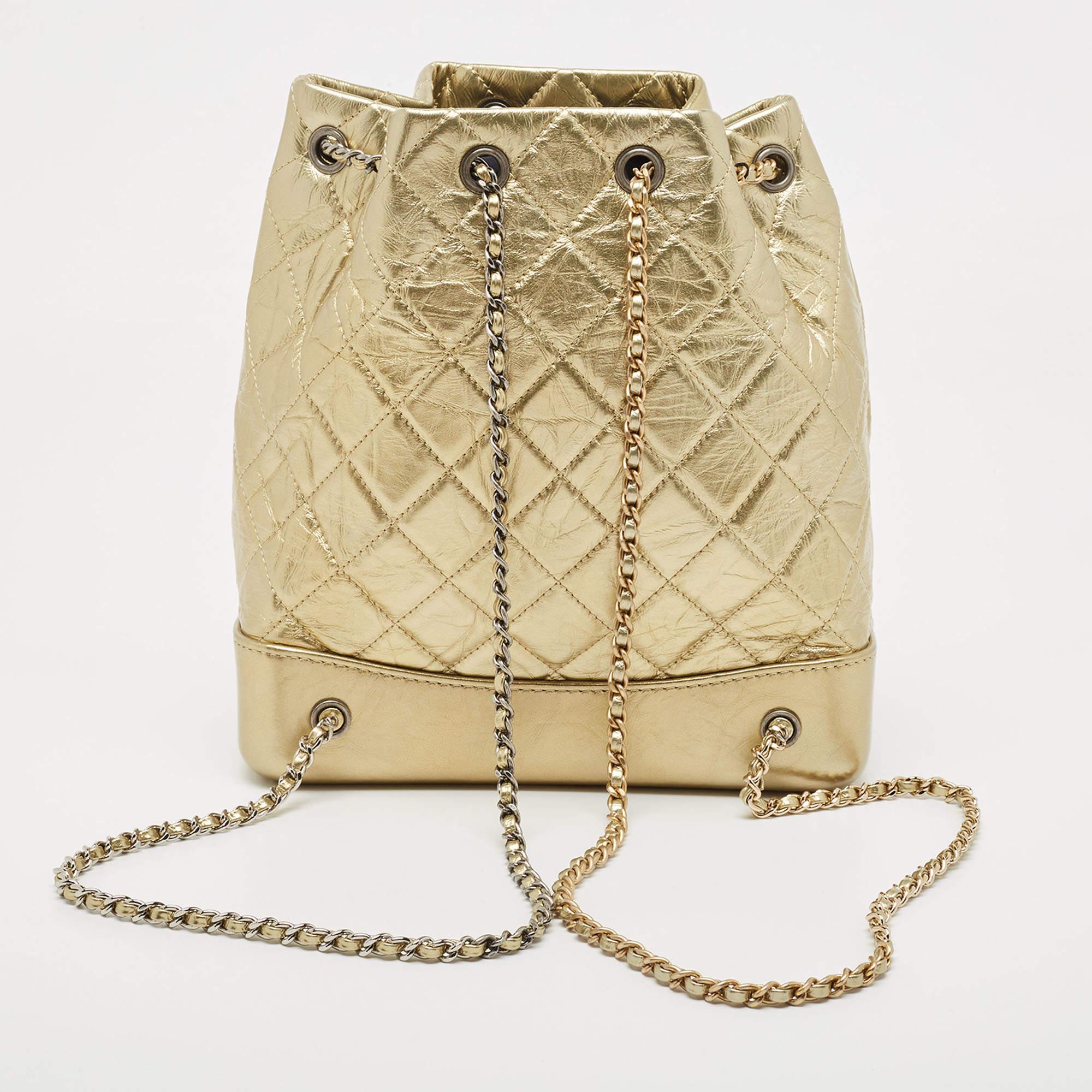 Chanel Gold Quilted Aged Leather Small Gabrielle Backpack For Sale 2