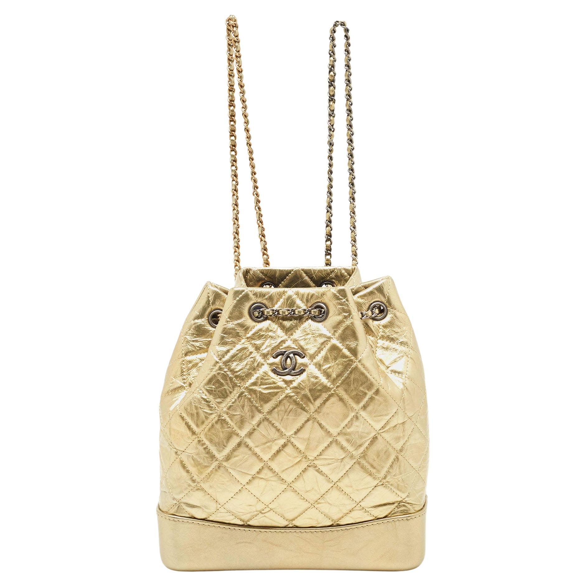 Chanel Gold Quilted Aged Leather Small Gabrielle Backpack For Sale
