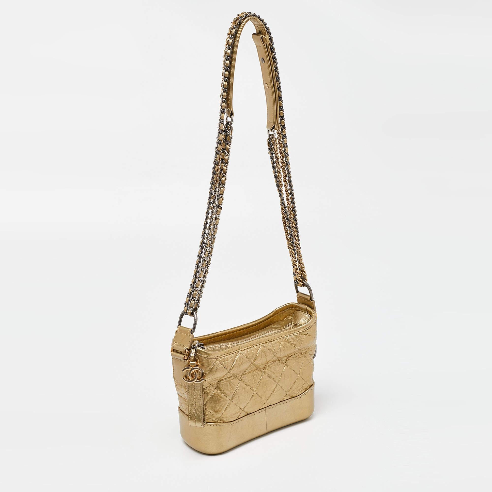 Chanel Gold Quilted Aged Leather Small Gabrielle Hobo In Good Condition In Dubai, Al Qouz 2