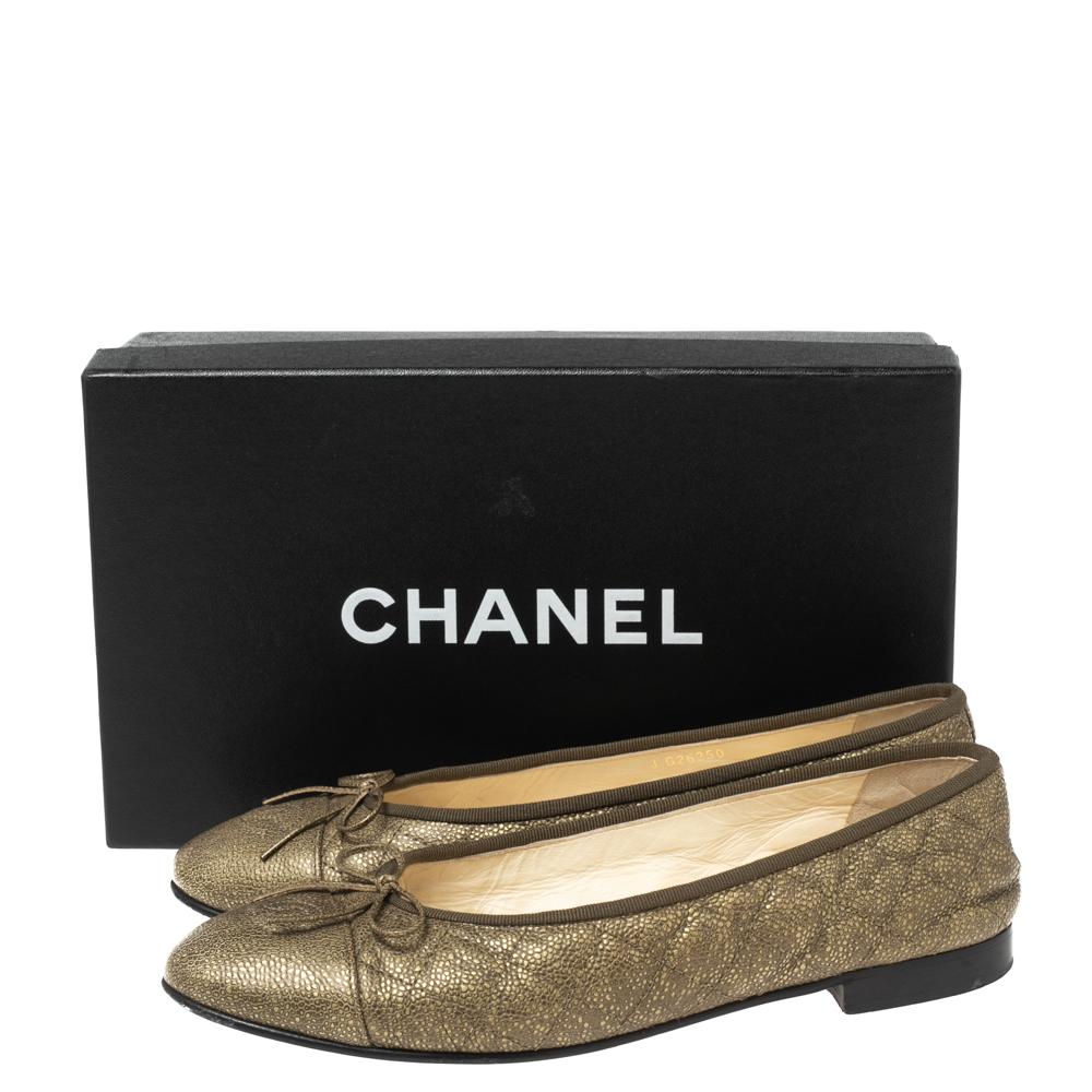 Chanel Gold Quilted Caviar Leather Bow CC Cap Toe Ballet Flats Size 39.5 1