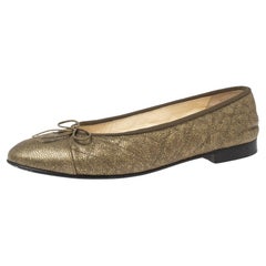 Chanel Gold Quilted Caviar Leather Bow CC Cap Toe Ballet Flats Size 39.5