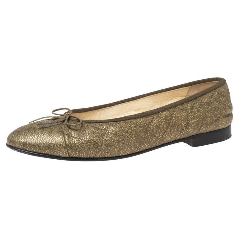Chanel Gold Quilted Caviar Leather Bow CC Cap Toe Ballet Flats Size