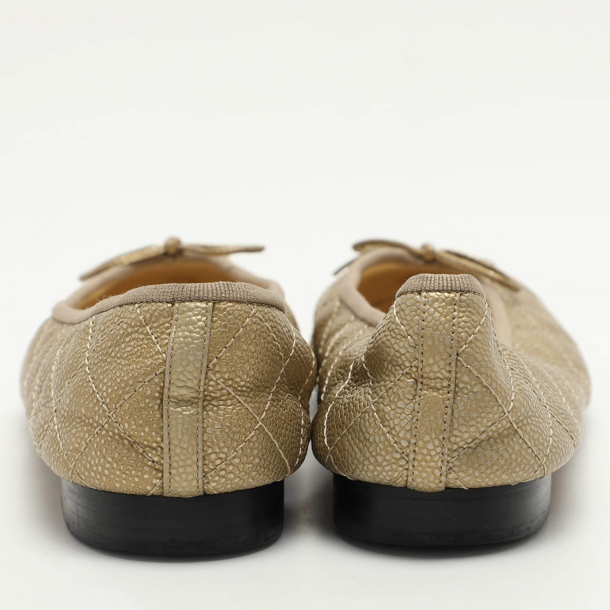 Women's Chanel Gold Quilted Caviar Leather CC Ballet Flats Size 40