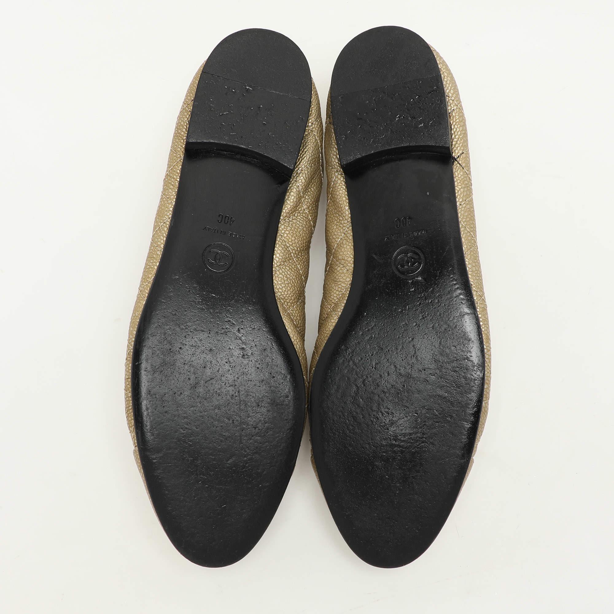 Chanel Gold Quilted Caviar Leather CC Ballet Flats Size 40 1