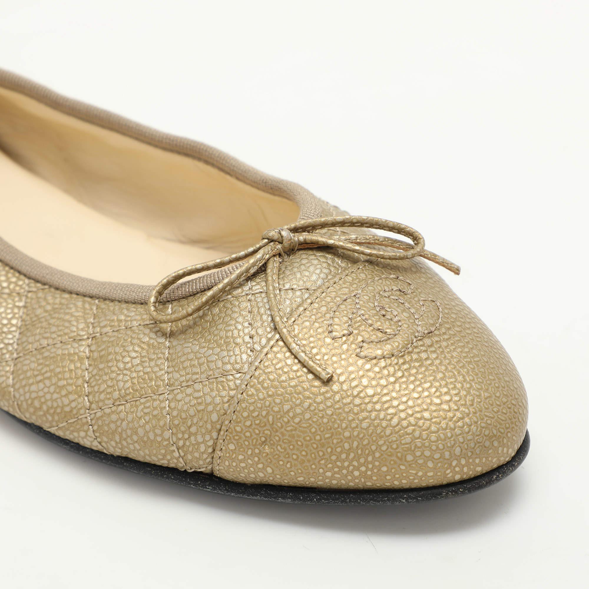 Chanel Gold Quilted Caviar Leather CC Ballet Flats Size 40 2
