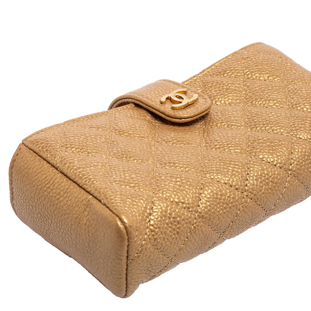 Chanel Gold Quilted Caviar Leather CC O-Mini Phone Holder Clutch 5
