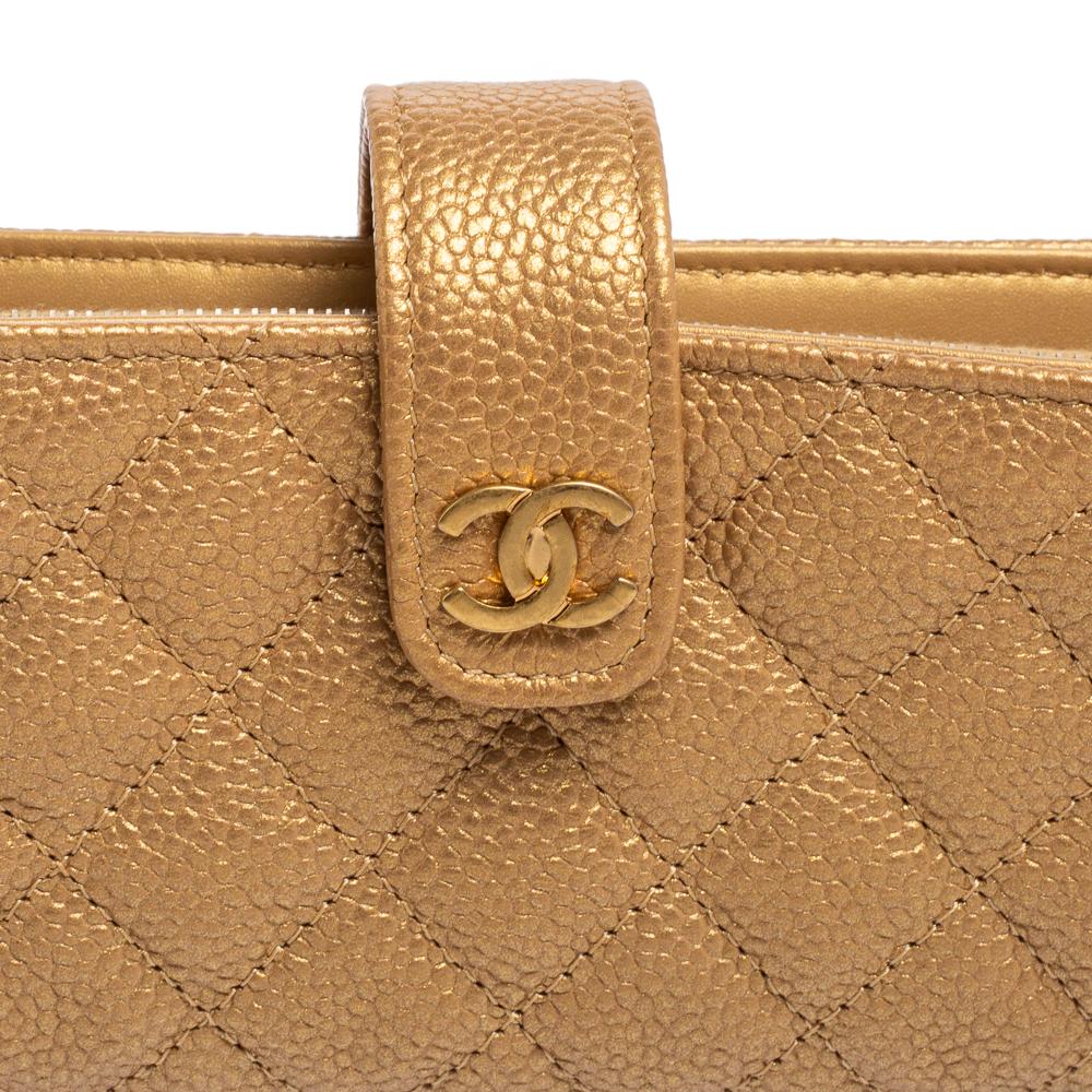 Chanel Gold Quilted Caviar Leather CC O-Mini Phone Holder Clutch 6