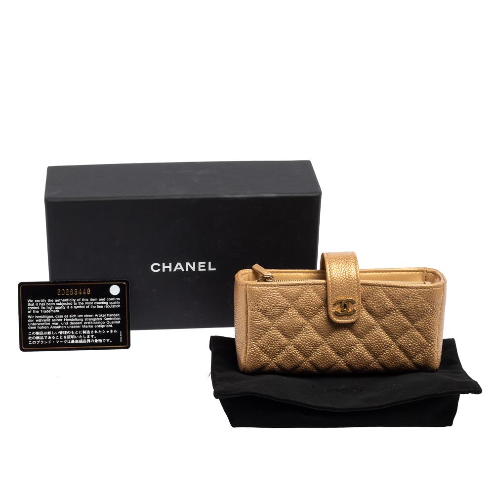 Chanel Gold Quilted Caviar Leather CC O-Mini Phone Holder Clutch 7