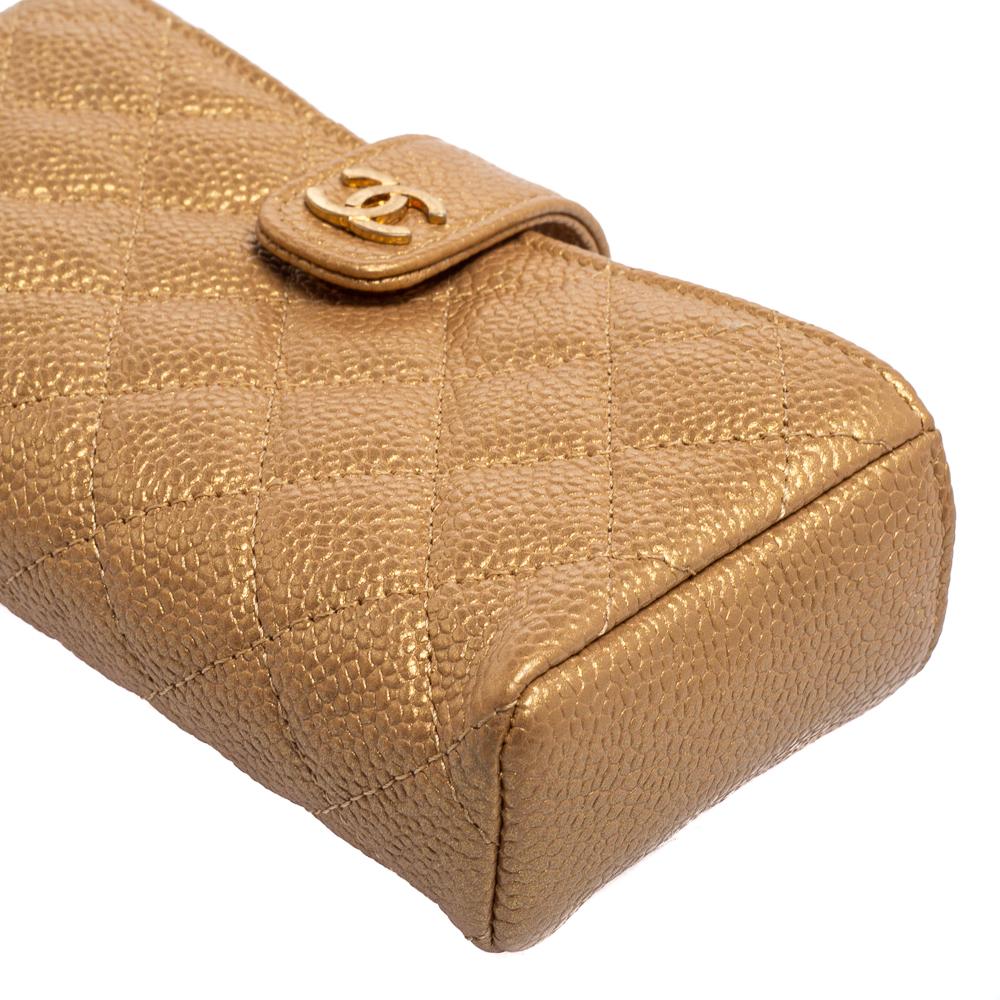 Chanel Gold Quilted Caviar Leather CC O-Mini Phone Holder Clutch 3