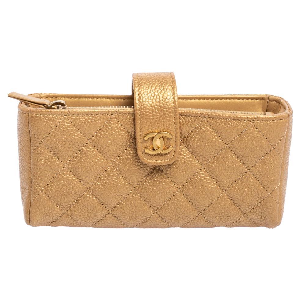 Chanel Gold Quilted Caviar Leather CC O-Mini Phone Holder