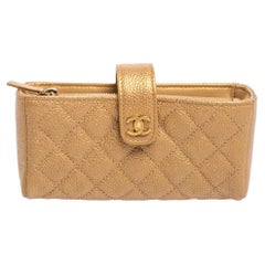 Chanel Gold Quilted Caviar Leather CC O-Mini Phone Holder Clutch