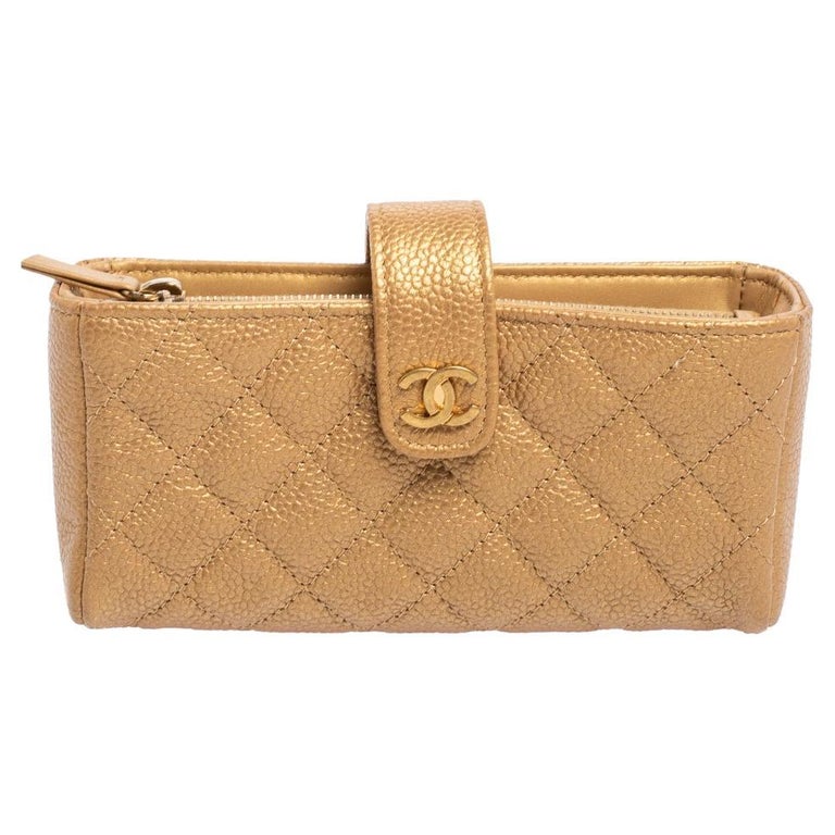 Chanel Gold Quilted Caviar Leather CC O-Mini Phone Holder Clutch