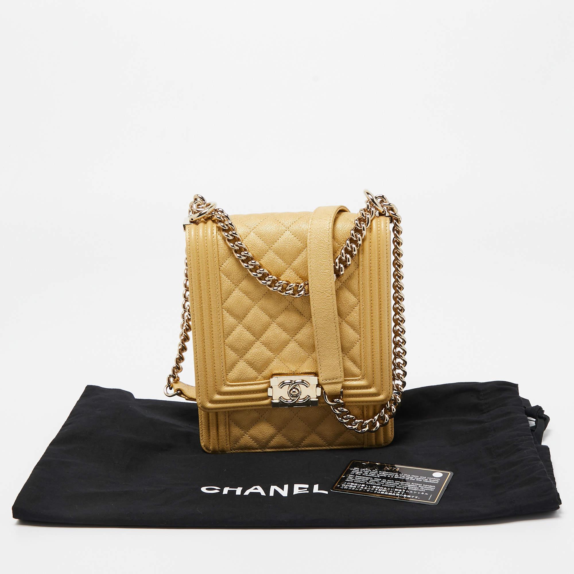 Chanel Gold Quilted Caviar Leather North South Boy Flap Bag 12