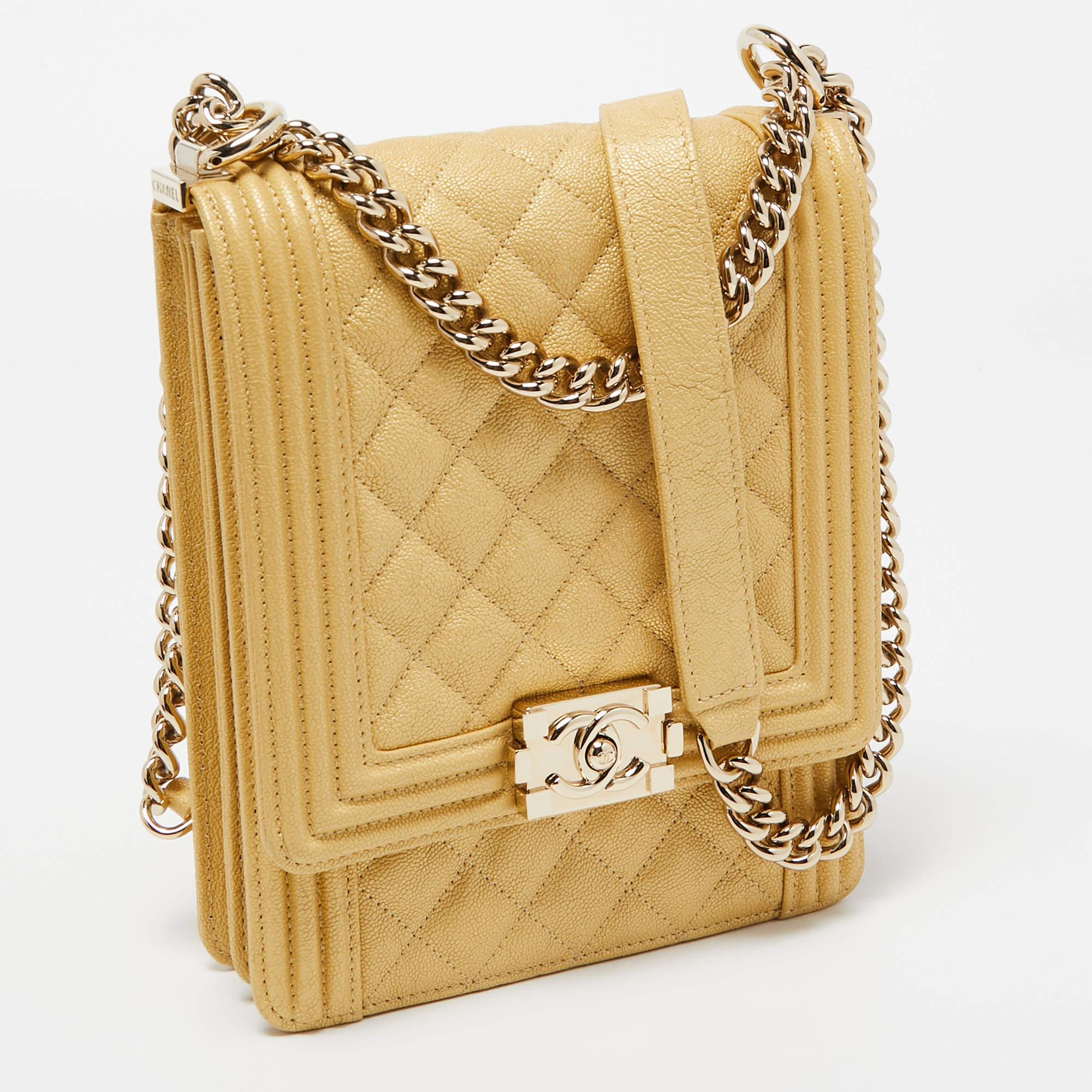 Chanel Gold Quilted Caviar Leather North South Boy Flap Bag In Good Condition In Dubai, Al Qouz 2
