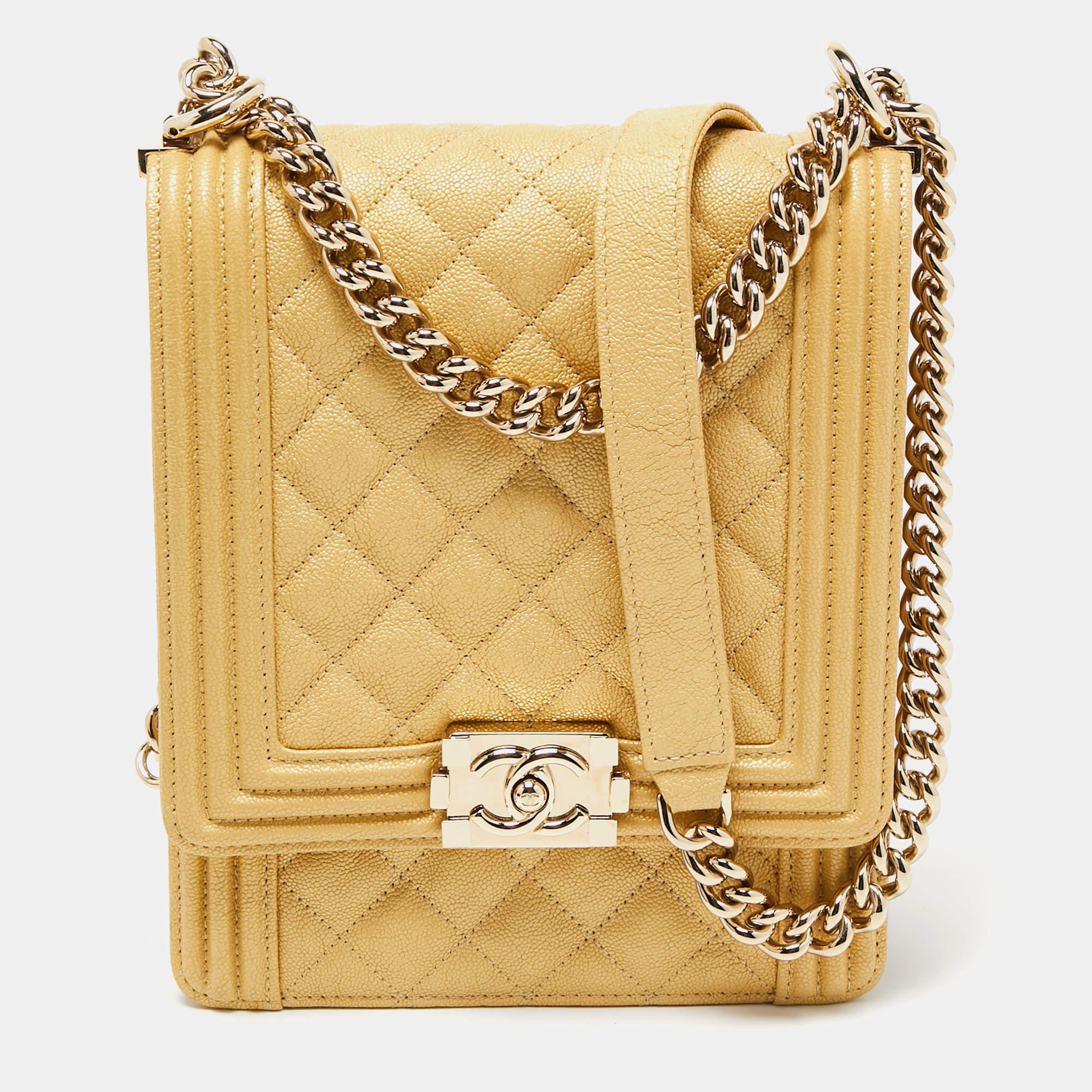 Chanel Gold Quilted Caviar Leather North South Boy Flap Bag 5