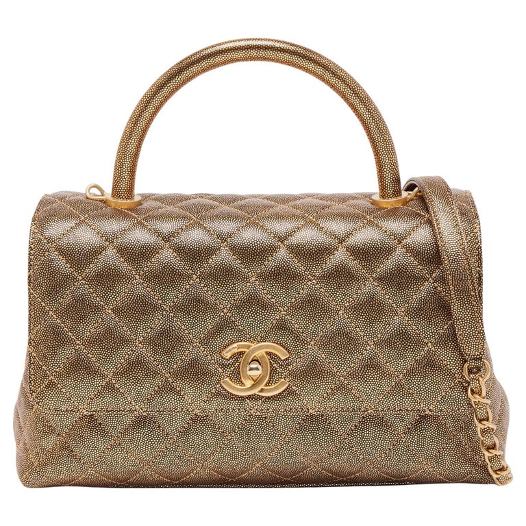 Chanel Gold Quilted Caviar Leather Small Coco Top Handle Bag