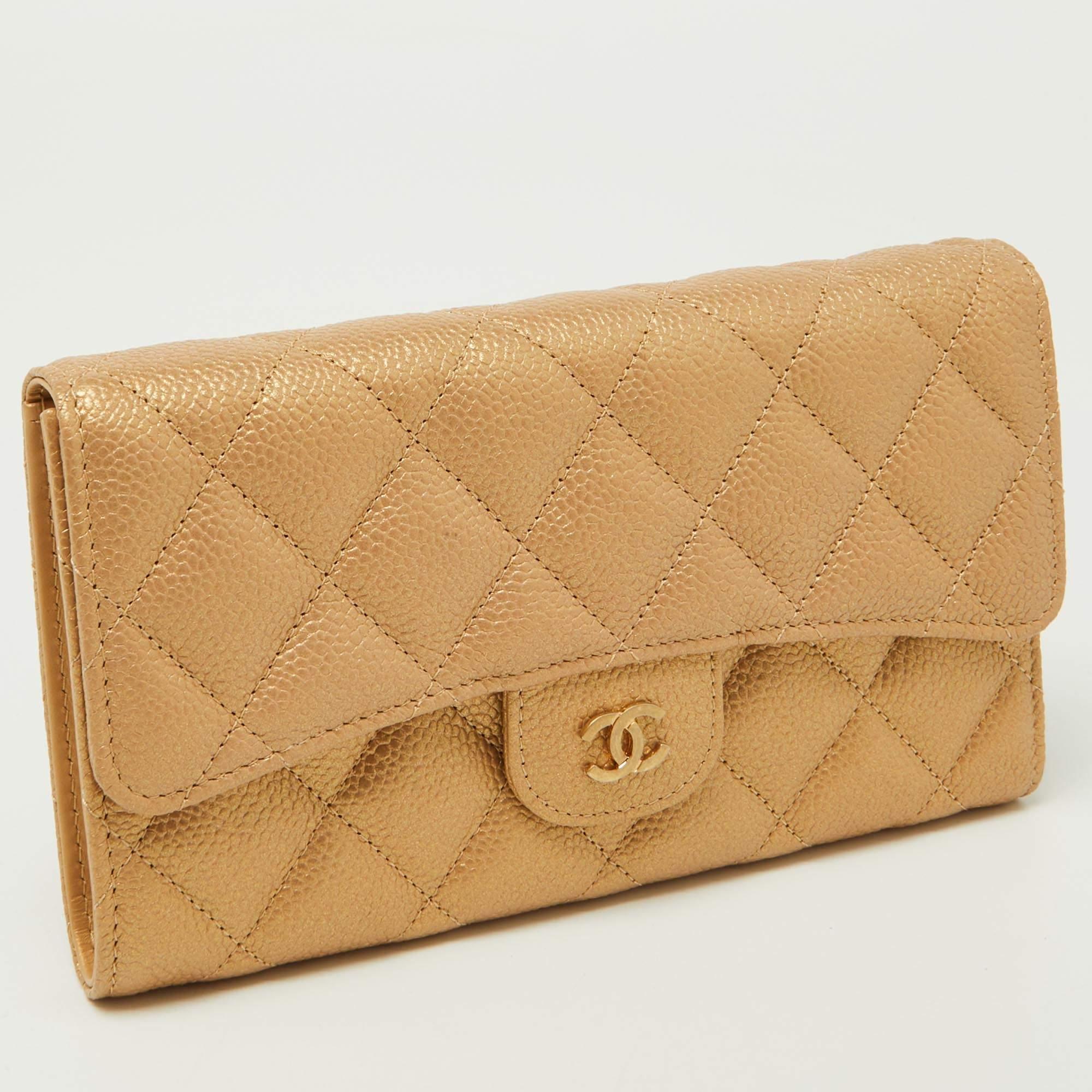 Chanel Gold Quilted Caviar Leather Trifold Wallet For Sale 2