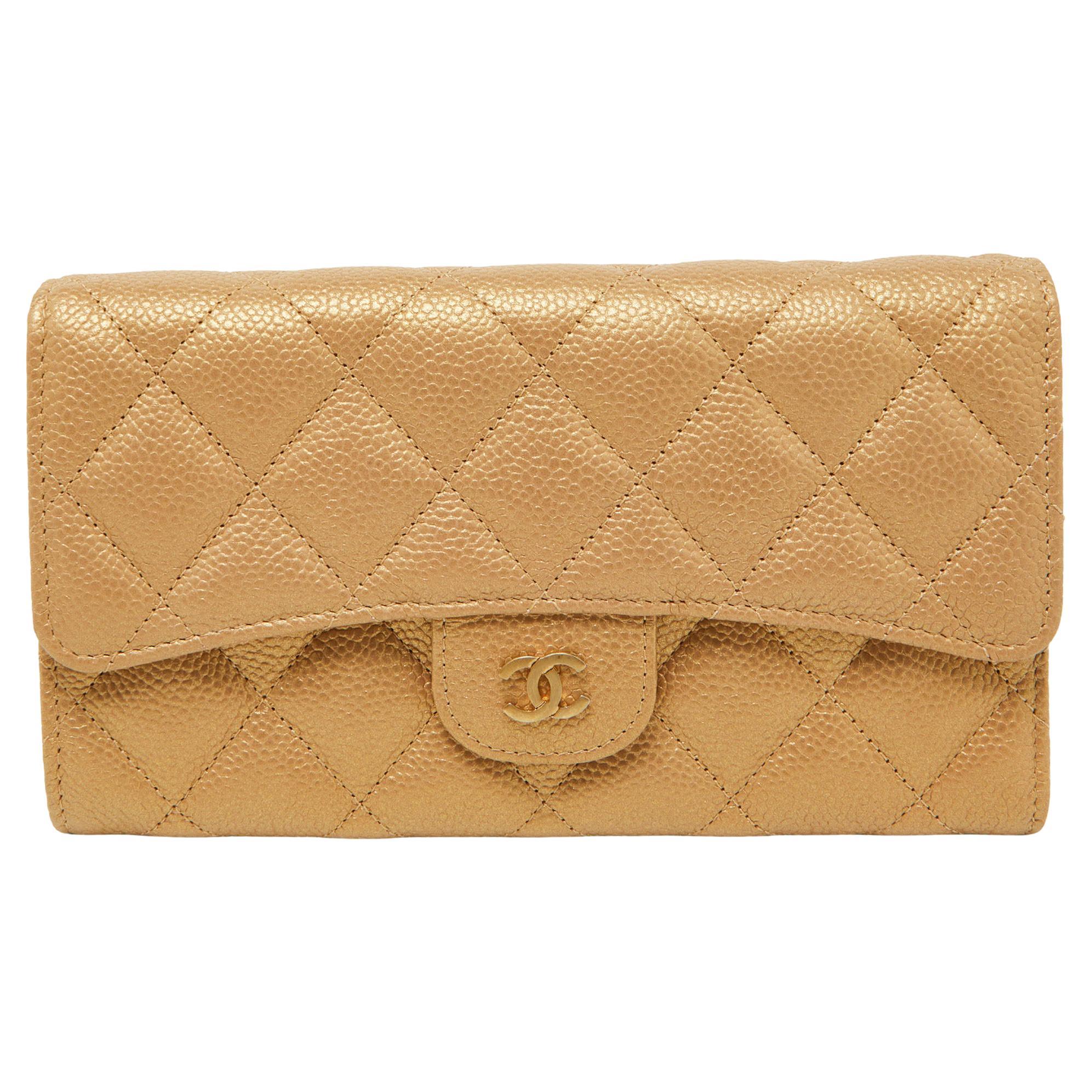 Chanel Gold Quilted Caviar Leather Trifold Wallet For Sale