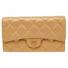Chanel Gold Quilted Caviar Leather Trifold Wallet