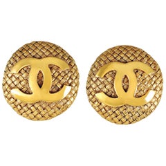 Vintage Chanel Gold Quilted CC Button Earrings