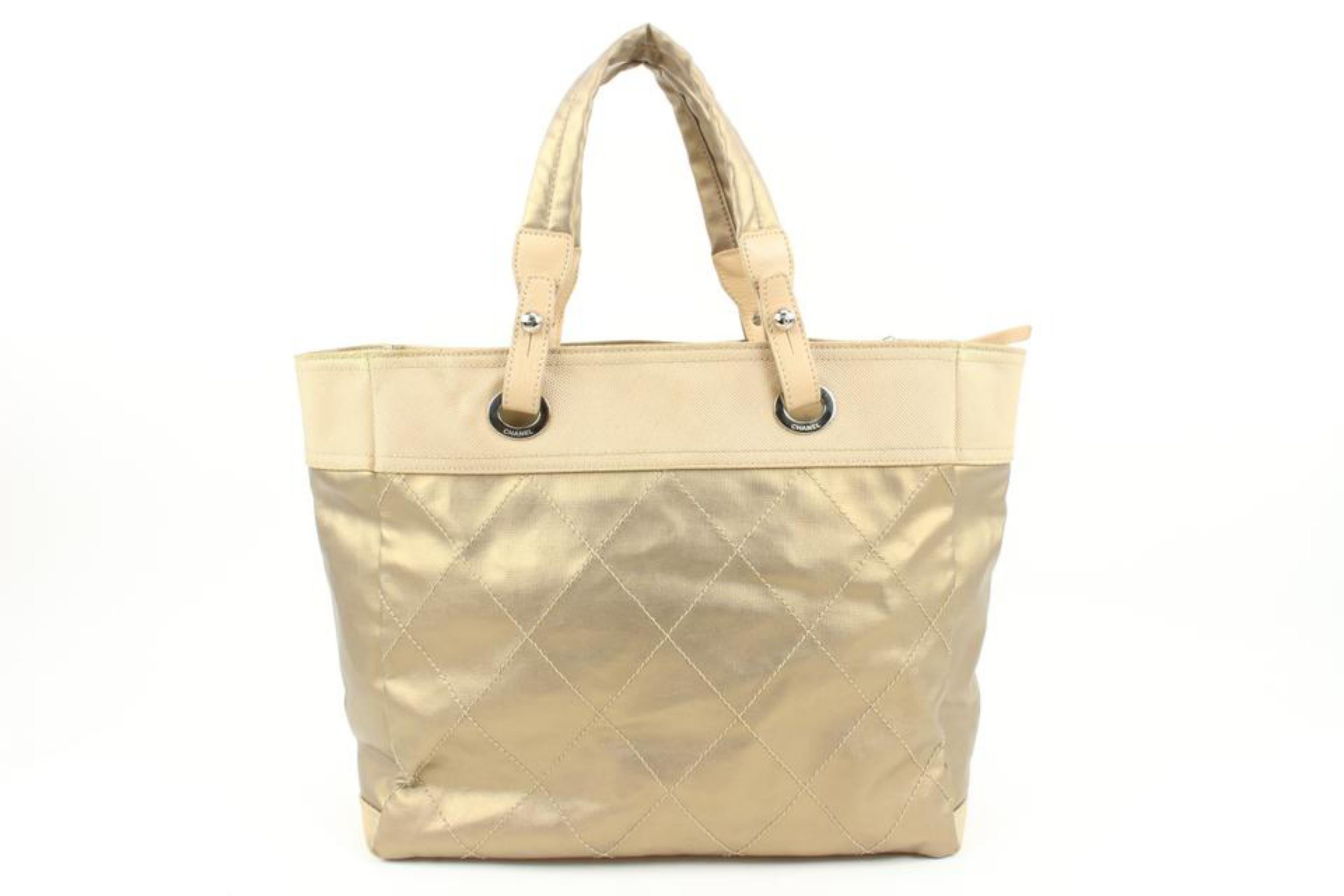 Chanel Gold Quilted CC Logo Biarritz GM Tote 8c131s For Sale 3