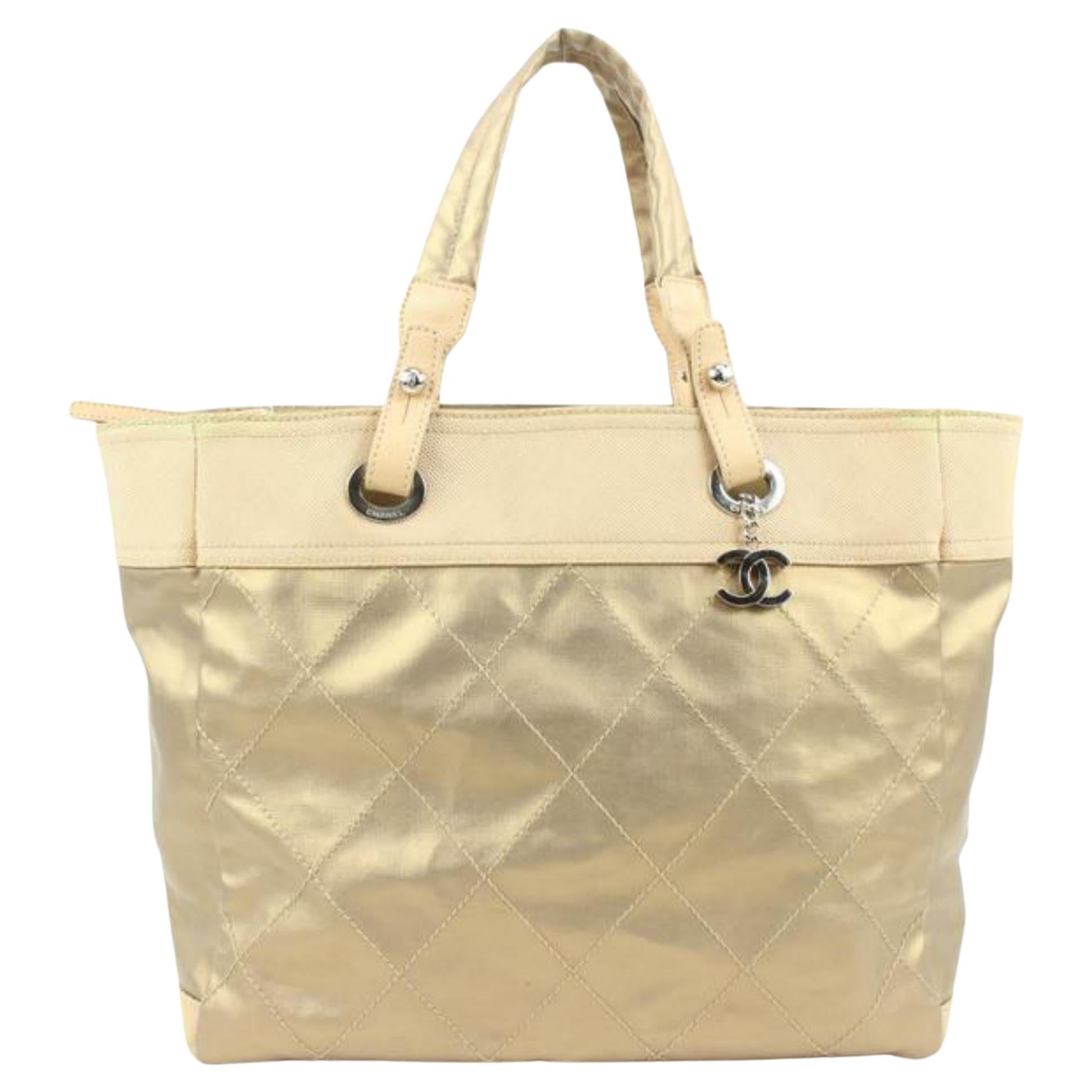 Chanel Gold Quilted CC Logo Biarritz GM Tote 8c131s For Sale