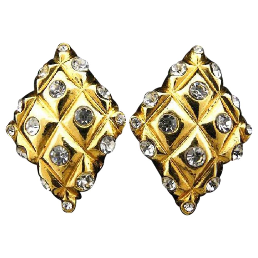 Chanel Gold Quilted Diamond Crystal 219452 Earrings For Sale