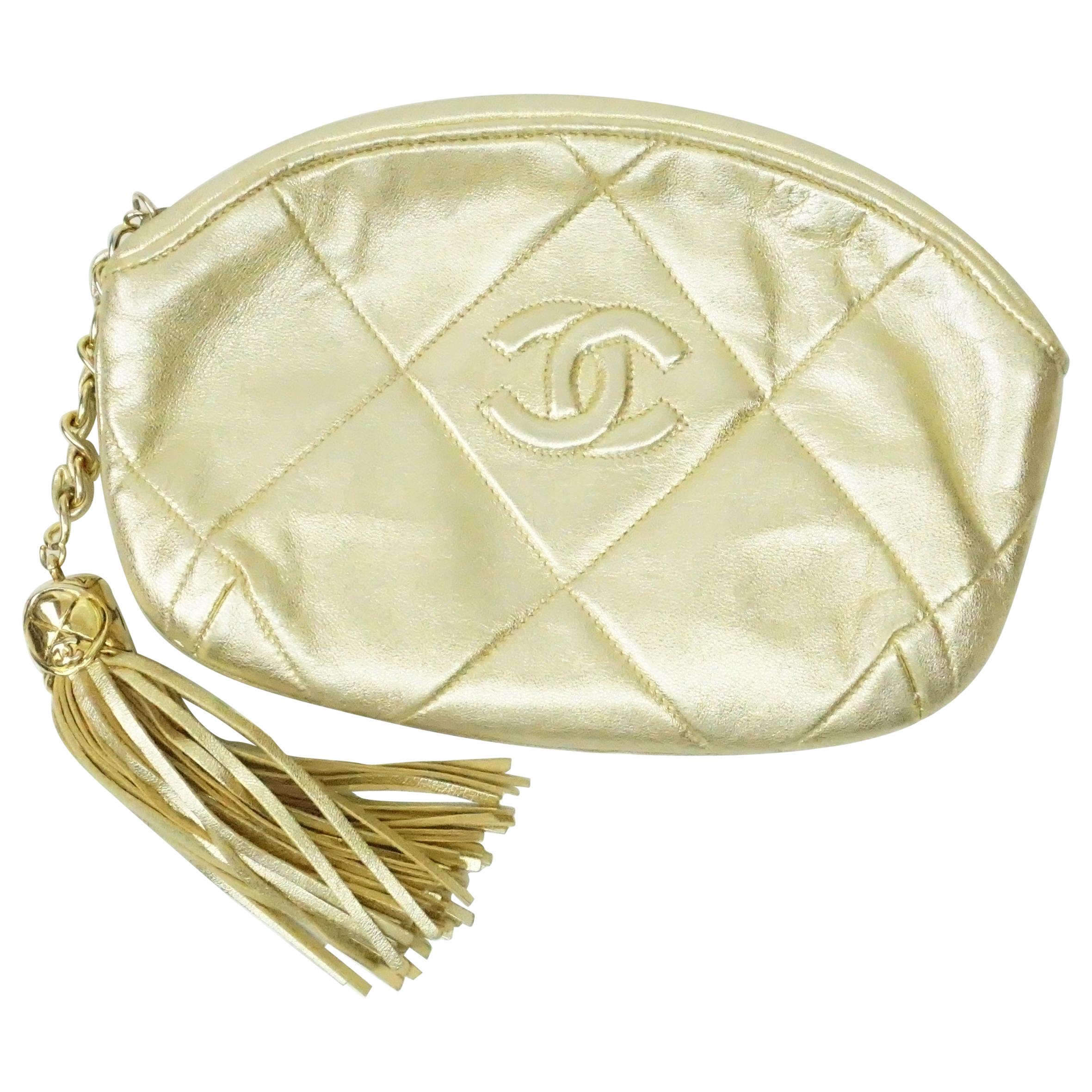 Chanel Gold Quilted Evening Clutch w/ Tassel- Circa 89