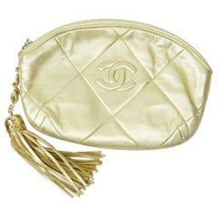 Vintage Chanel Gold Quilted Evening Clutch w/ Tassel- Circa 89