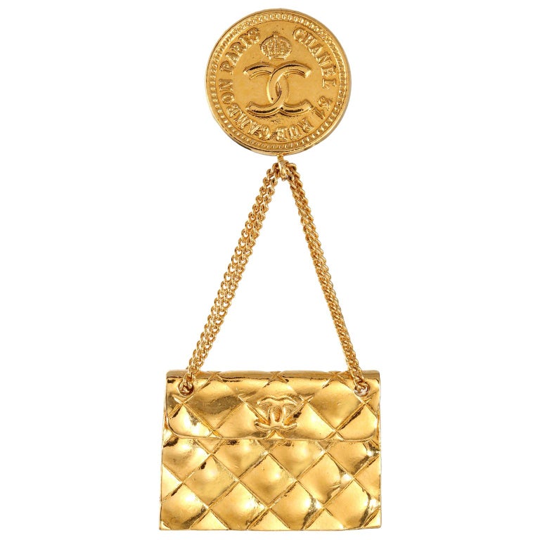 Chanel Gold Quilted Flap Bag Vintage Pin at 1stDibs