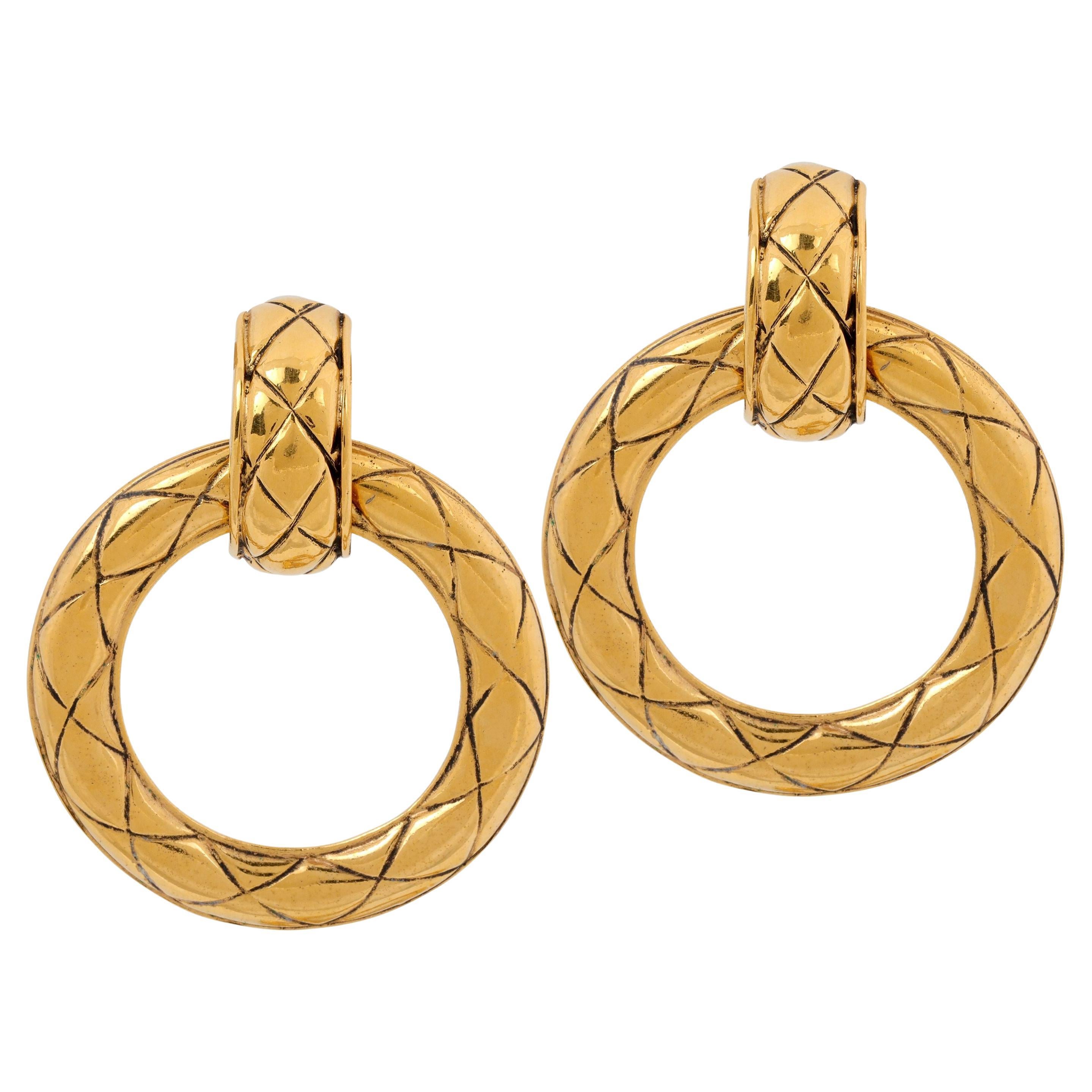 Chanel Gold Quilted Hoop Clip On Earrings For Sale