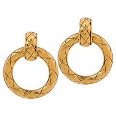 Retro Chanel Gold Quilted Hoop Clip On Earrings