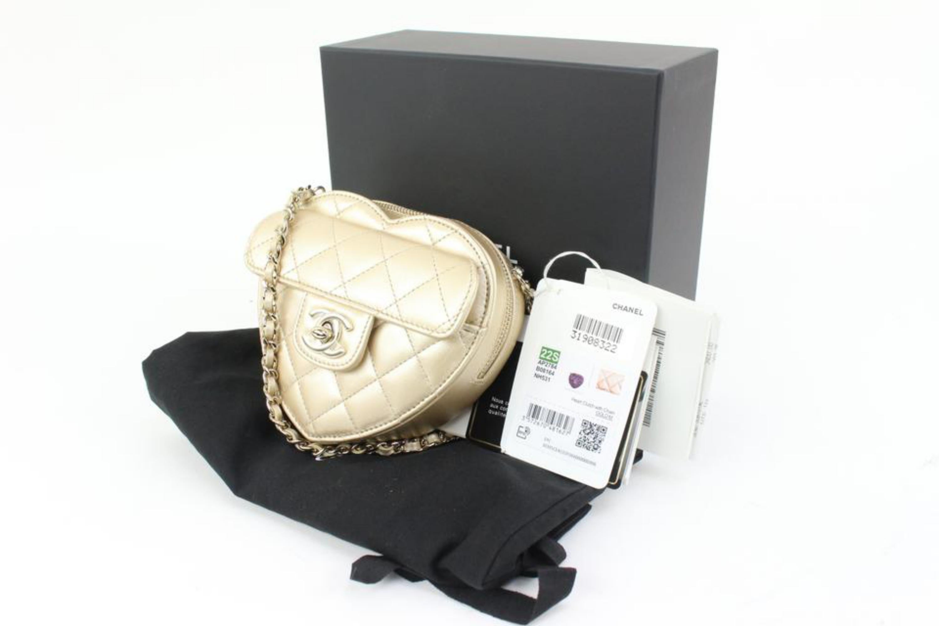 Chanel Gold Quilted Lambskin CC in Love Mini Heart Bag Crossbody 48ck325s
Date Code/Serial Number: 31908322
Made In: France
Measurements: Length:  5