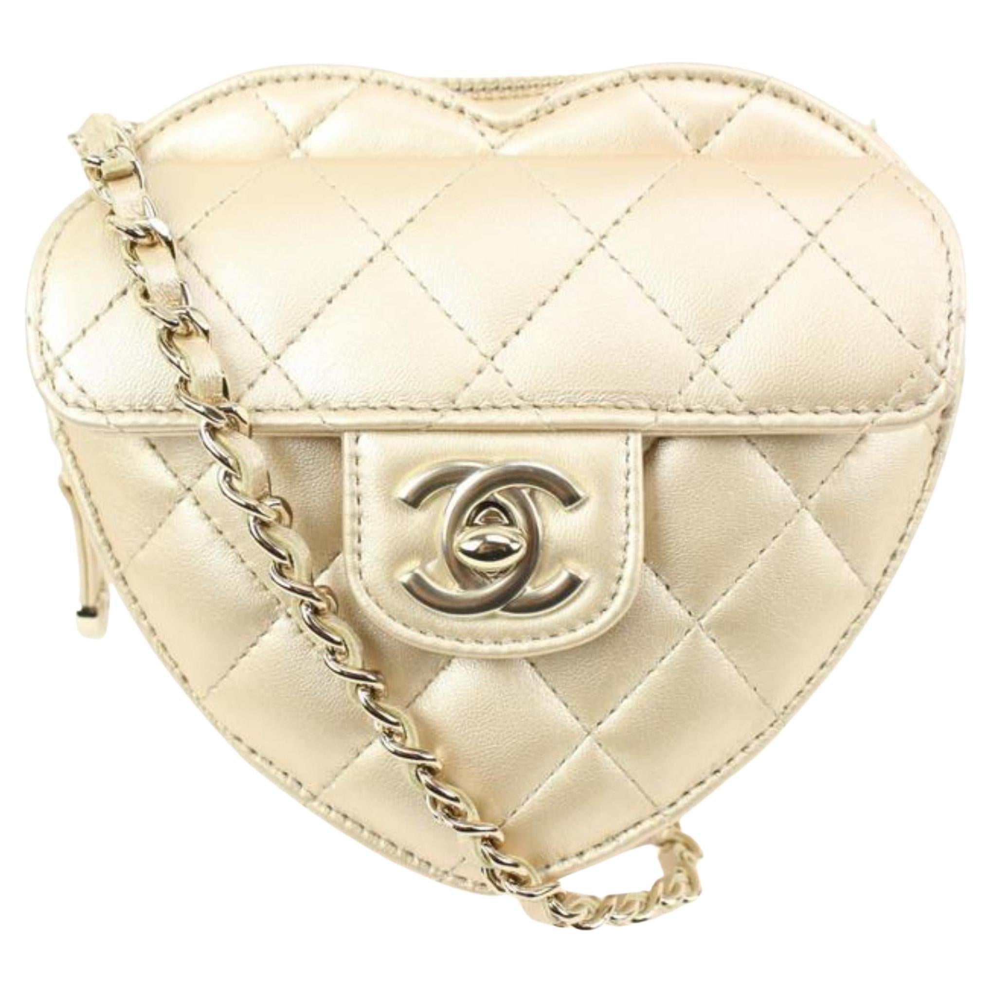 Chanel Gold Quilted Lambskin CC in Love Mini Heart Bag Crossbody