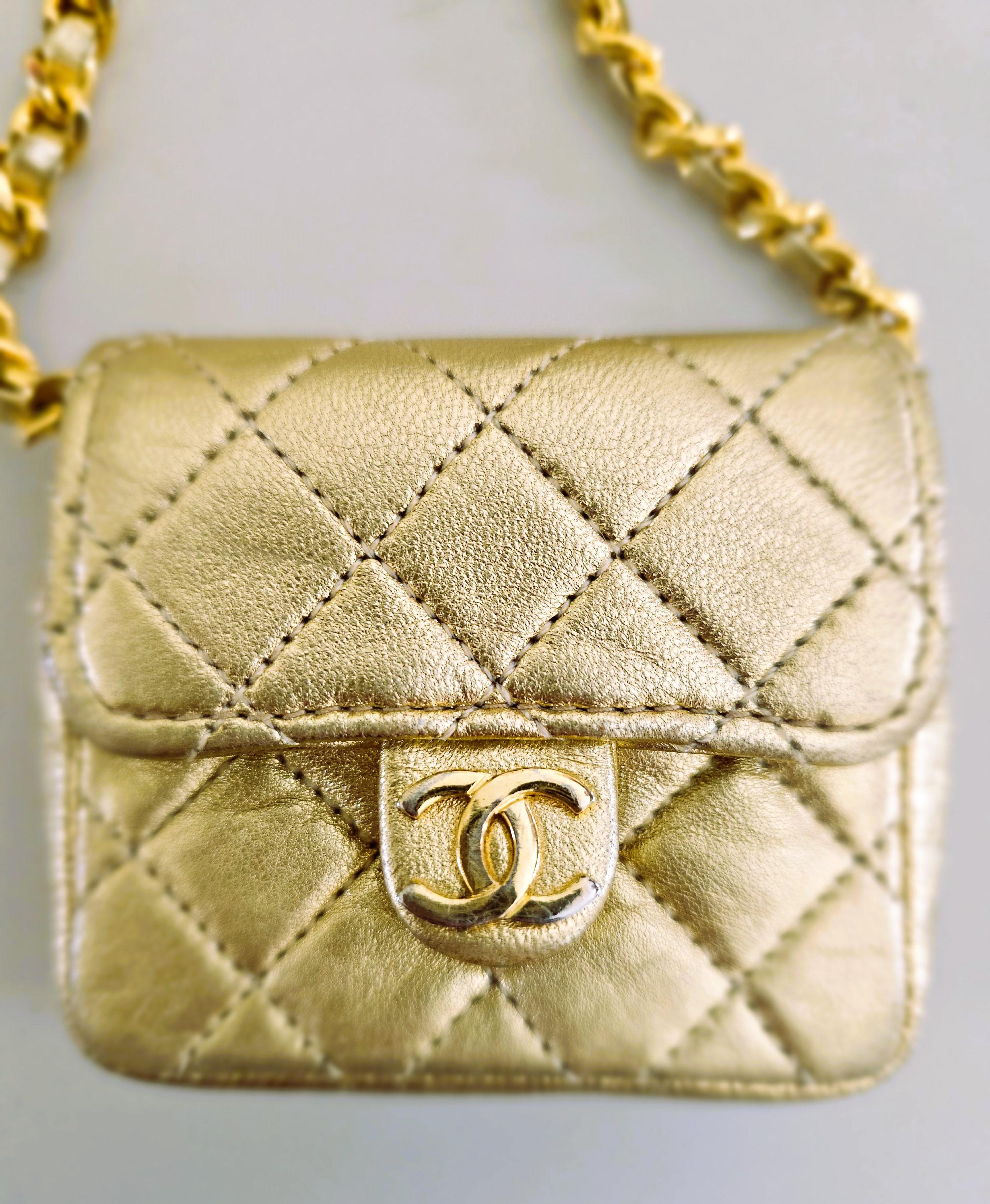 Chanel Gold Quilted Lambskin Leather Micro Mini Flap Bag 1981 For Sale 6