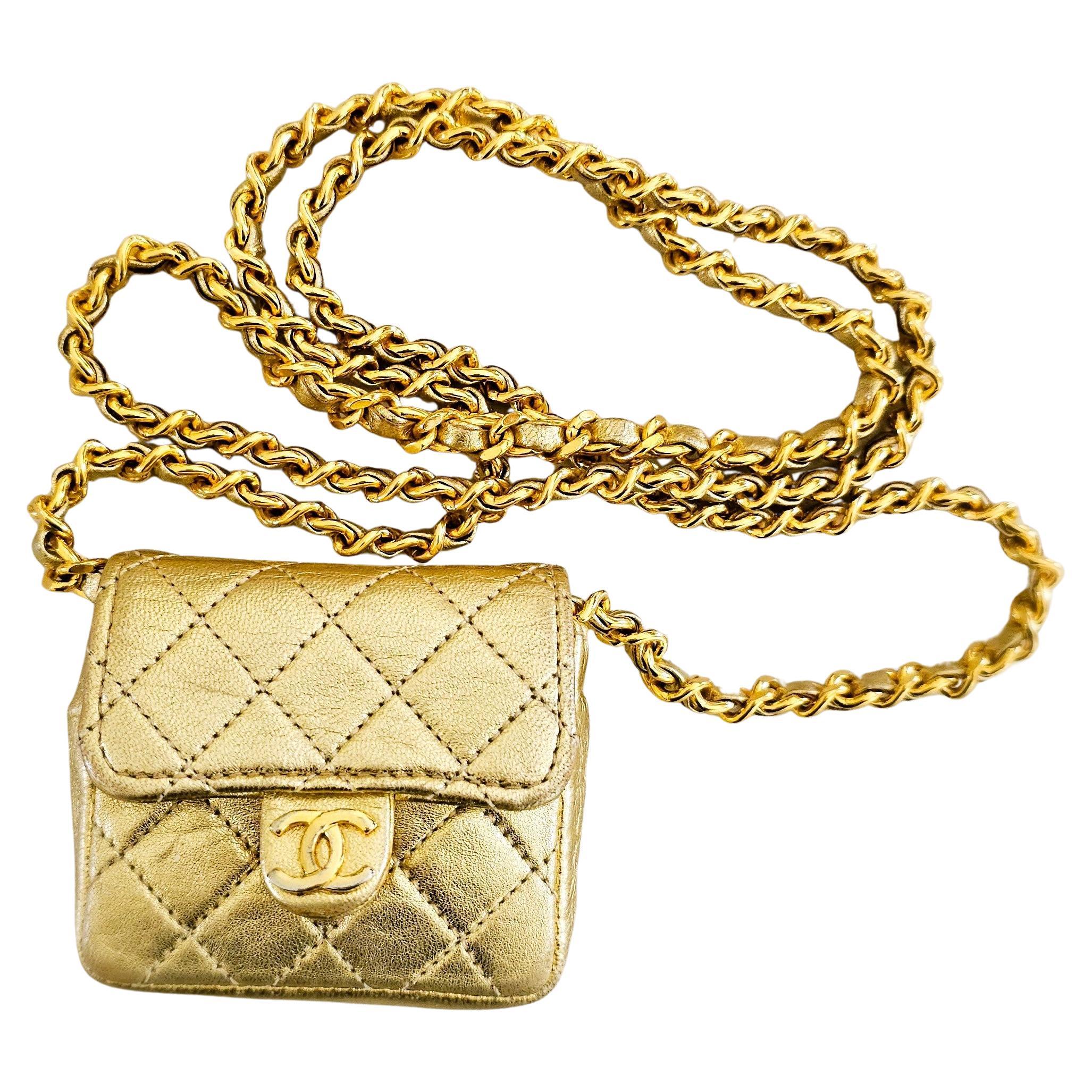 Chanel Gold Quilted Lambskin Leather Micro Mini Flap Bag 1981 For Sale