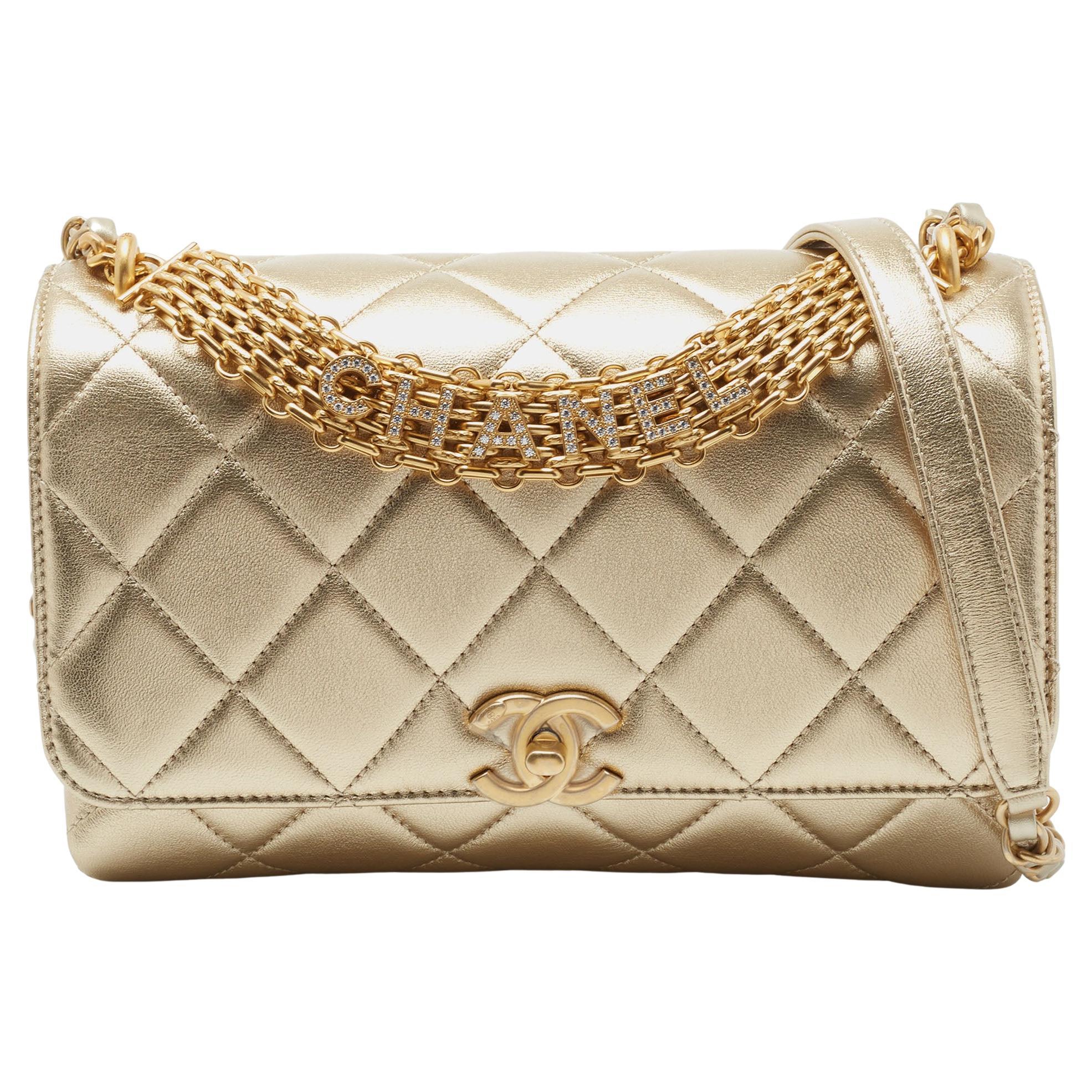 Chanel Gold Quilted Leather CC Crystal Logo Chain Flap Bag at 1stDibs