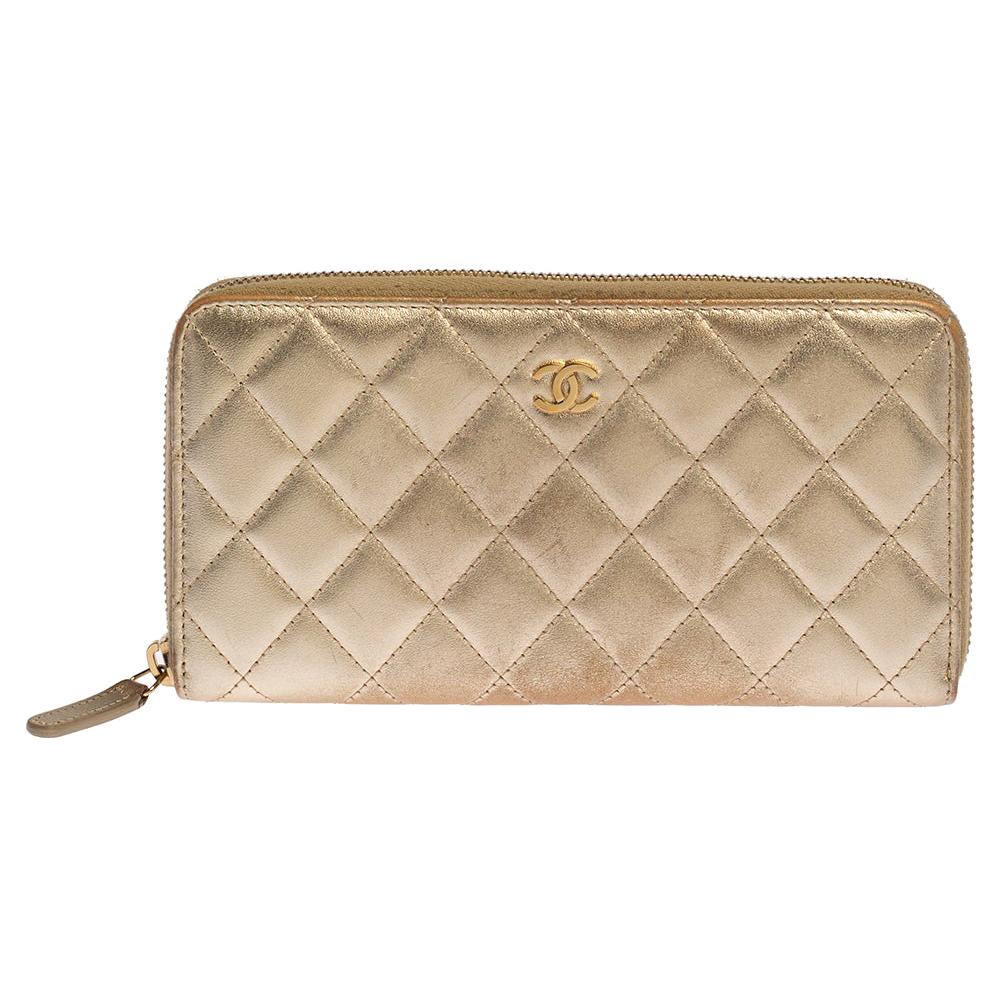 Chanel Gold Quilted Leather CC Zip Around Wallet