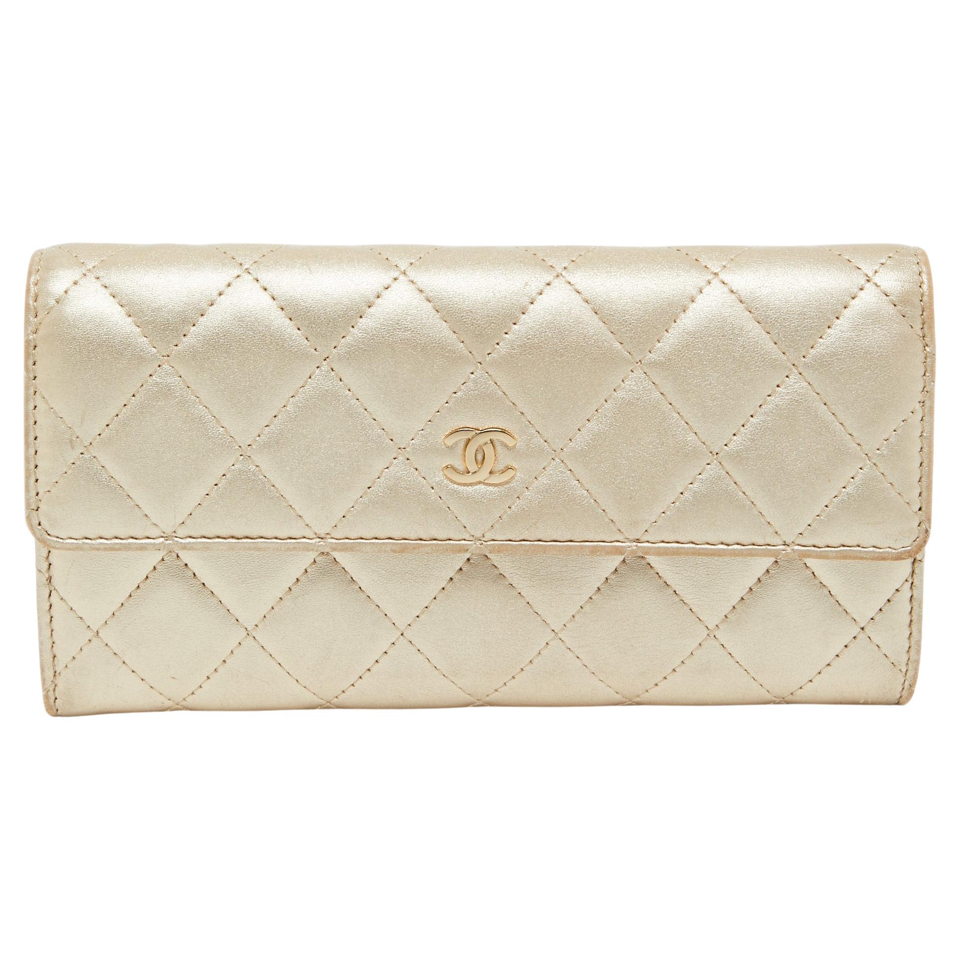 Chanel Gold Quilted Leather Classic Long Wallet For Sale