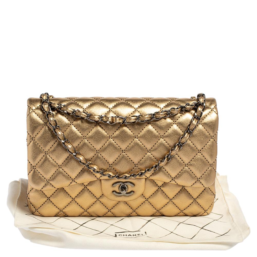 Chanel Gold Quilted Leather Jumbo Classic Double Flap Bag 7