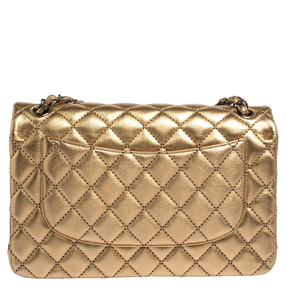 Chanel Gold Quilted Leather Jumbo Classic Double Flap Bag In Good Condition In Dubai, Al Qouz 2