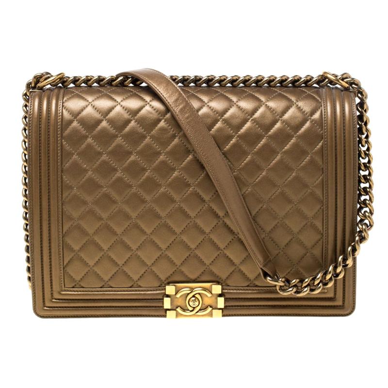 Chanel Gold Quilted Leather Large Boy Flap Bag For Sale at 1stDibs