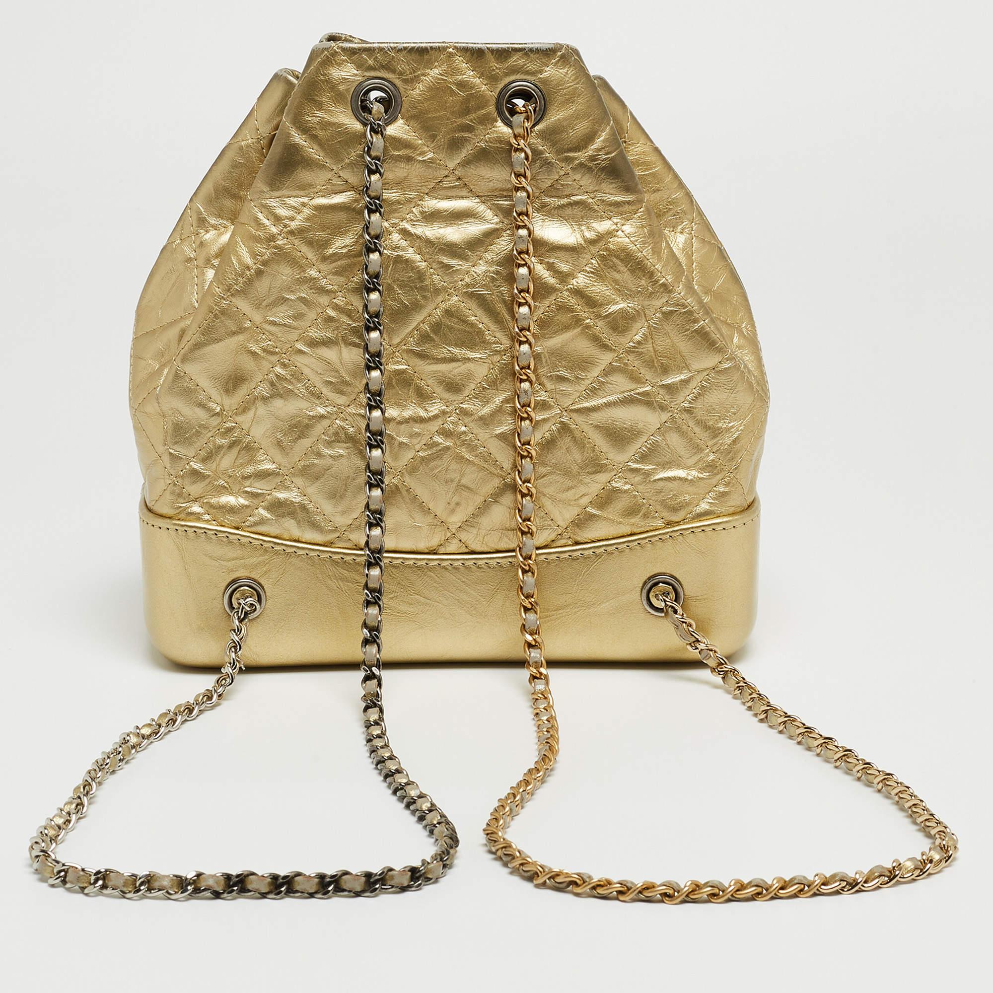 Chanel Gold Quilted Leather Small Gabrielle Backpack In Fair Condition For Sale In Dubai, Al Qouz 2